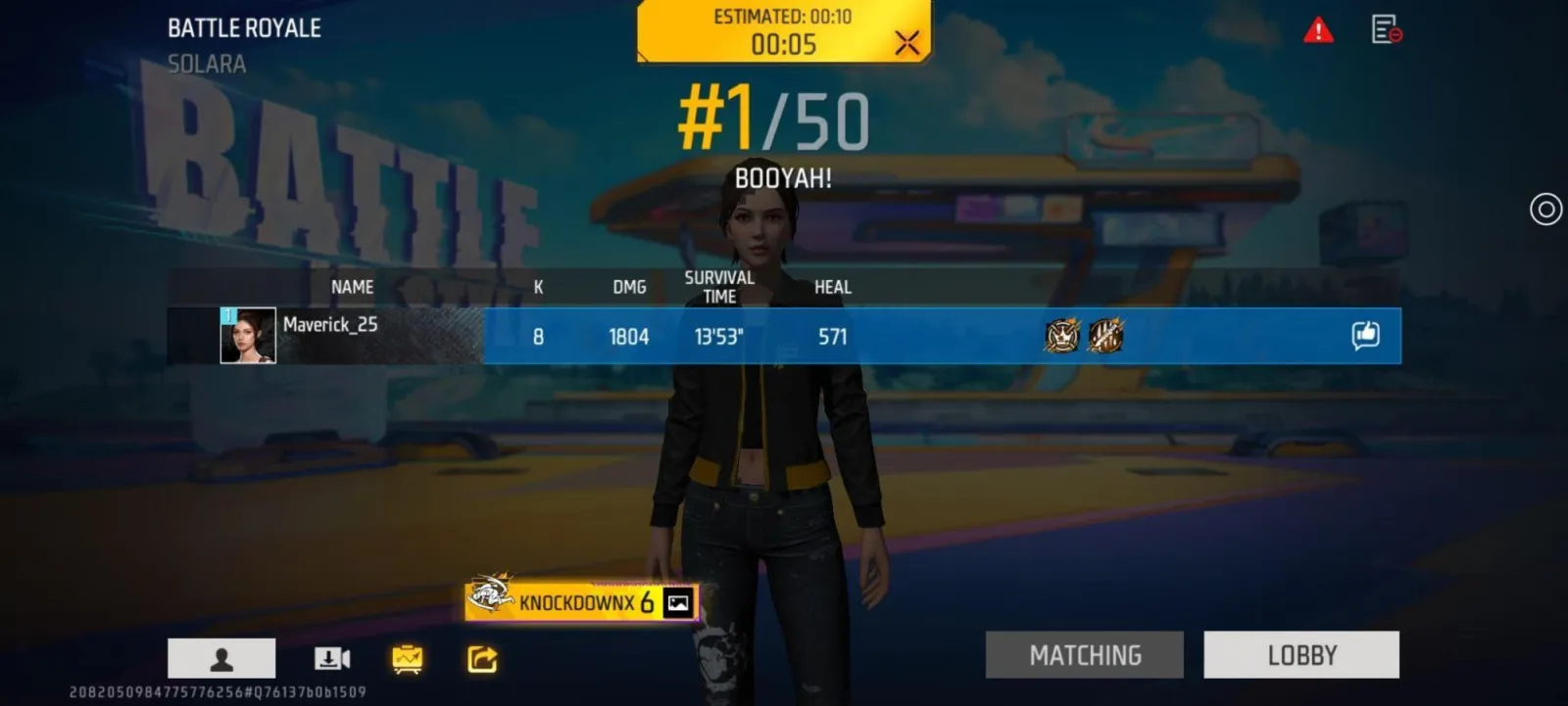 A Free Fire Booyah screen showing a first-place finish out of 50 players with the match statistics below