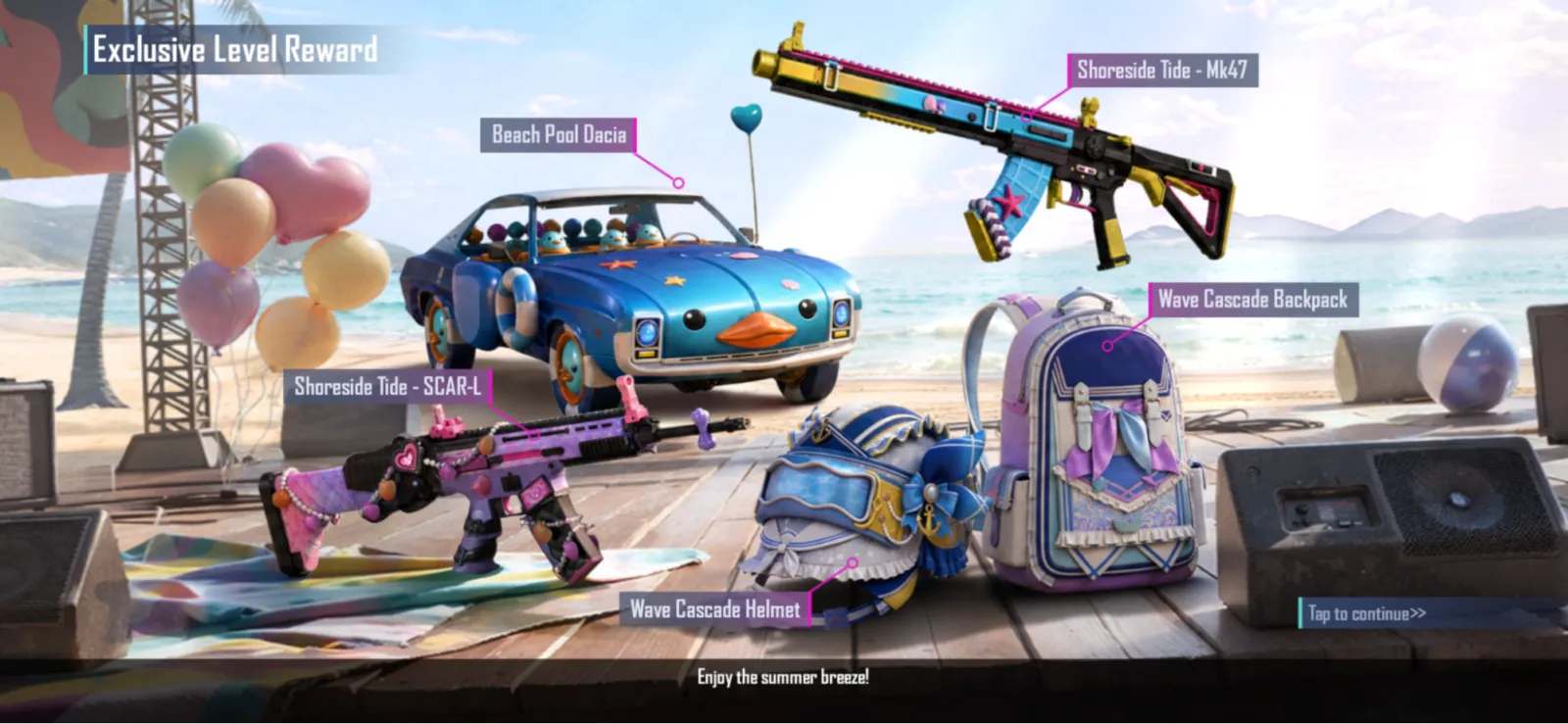 A PUBG Mobile exclusive level reward set: a themed SCAR-L and M416, a car skin, a backpack and a helmet