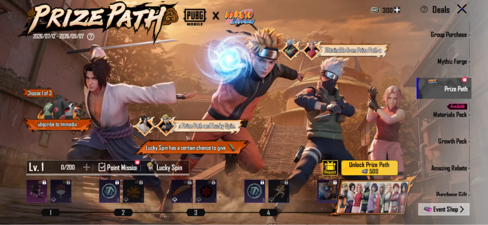 PUBG Mobile's Prize Path event page for its crossover collaboration with Naruto