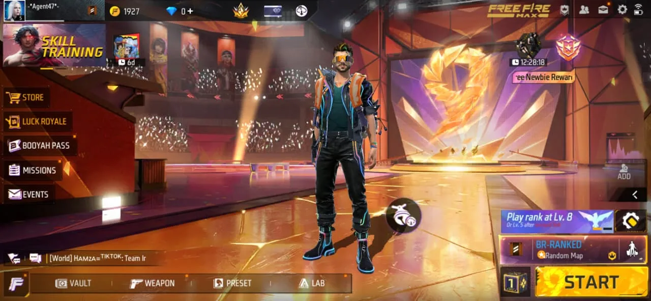 The Free Fire MAX lobby, the player's character posed on a lit stage with the ranked mode panel and Booyah Pass menu around them