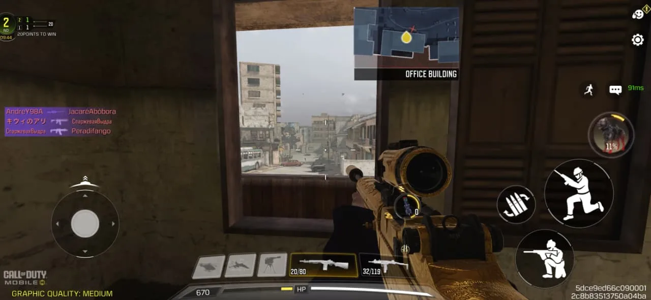 Call of Duty: Mobile in first person, the player holding a scoped rifle at a window overlooking the Office Building objective