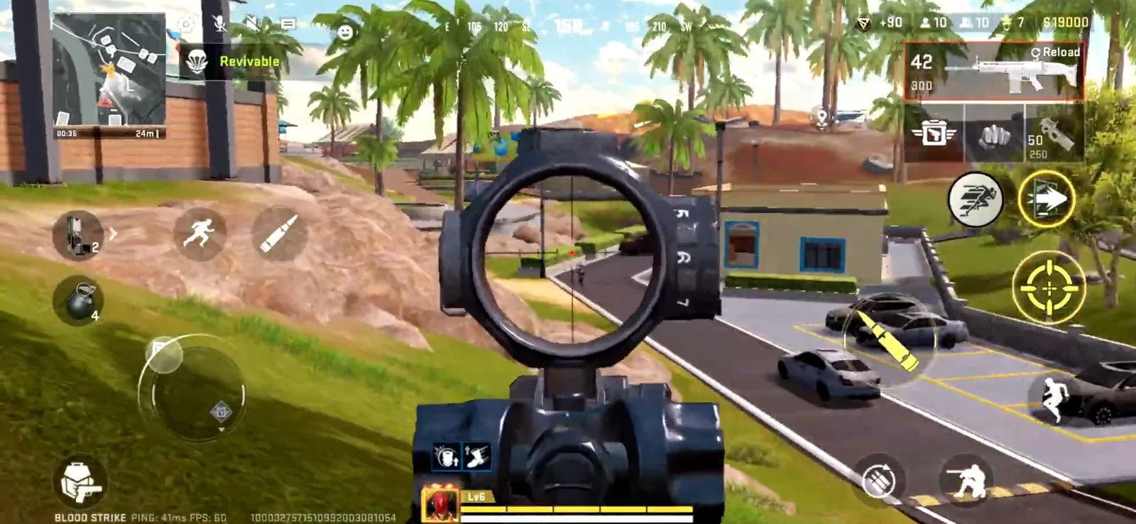 Blood Strike seen down a scope, the player overlooking a coastal road with a vehicle in the crosshairs