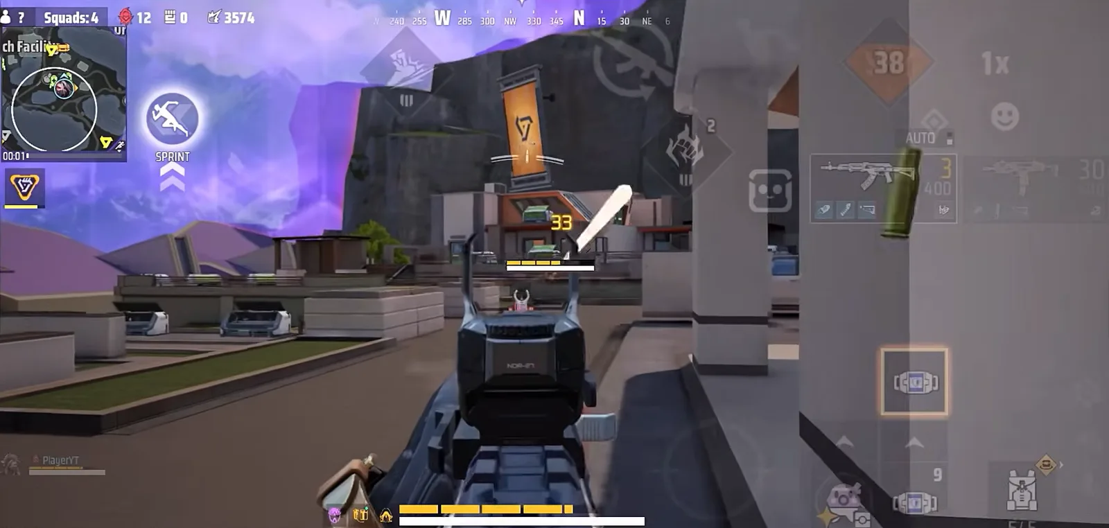 Farlight 84's purple-lit map seen over an assault rifle, an enemy taking 33 damage across the courtyard