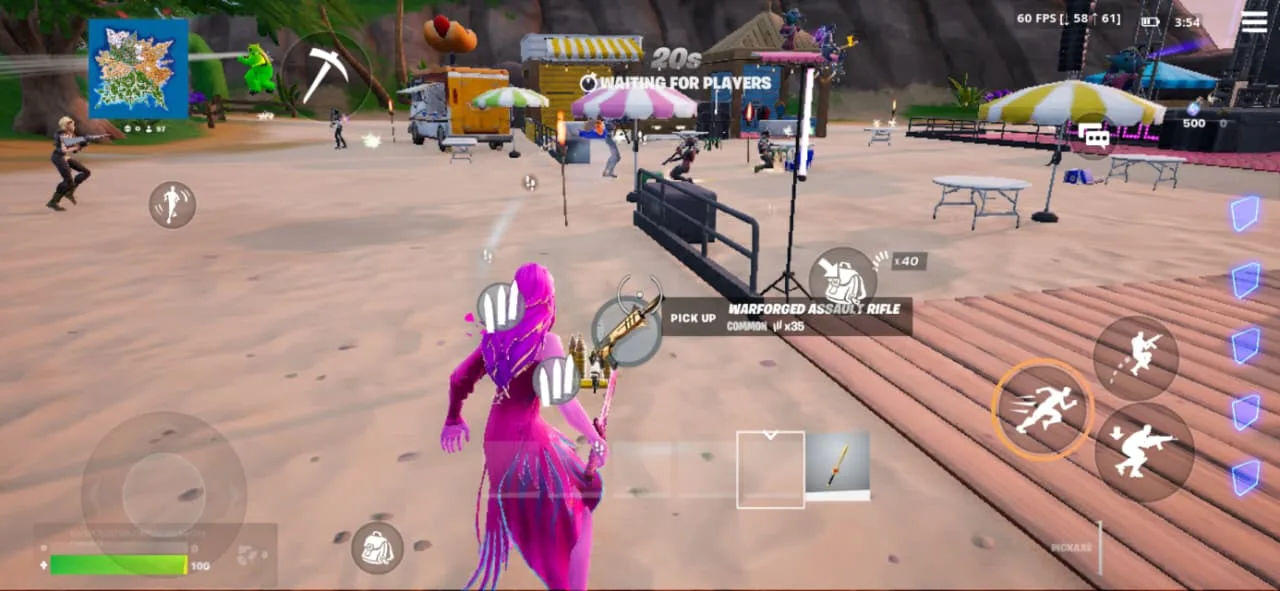 A Fortnite pre-match lobby island, the player about to pick up a Warforged Assault Rifle while the game waits for players