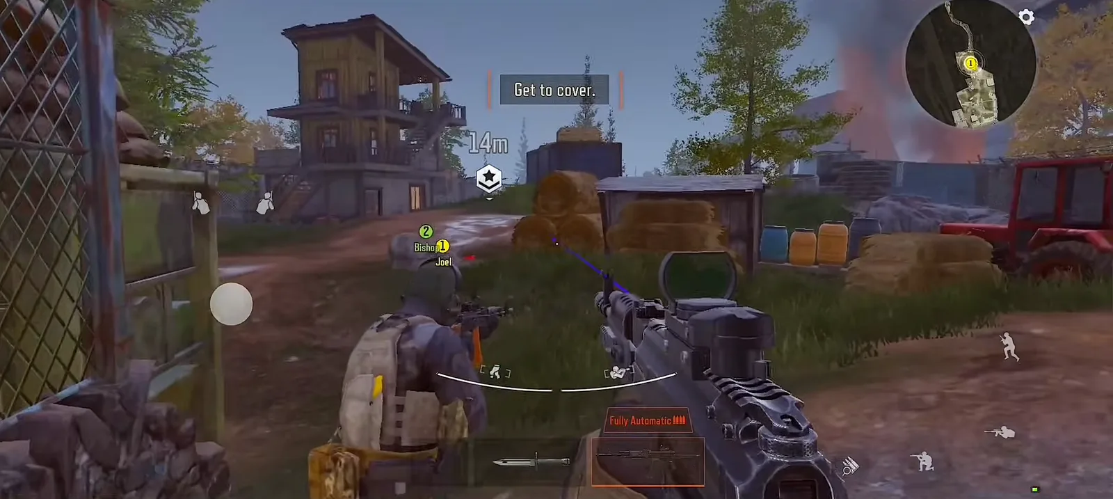 Arena Breakout in first person, a "Get to cover" prompt on screen as a squadmate takes position behind hay bales