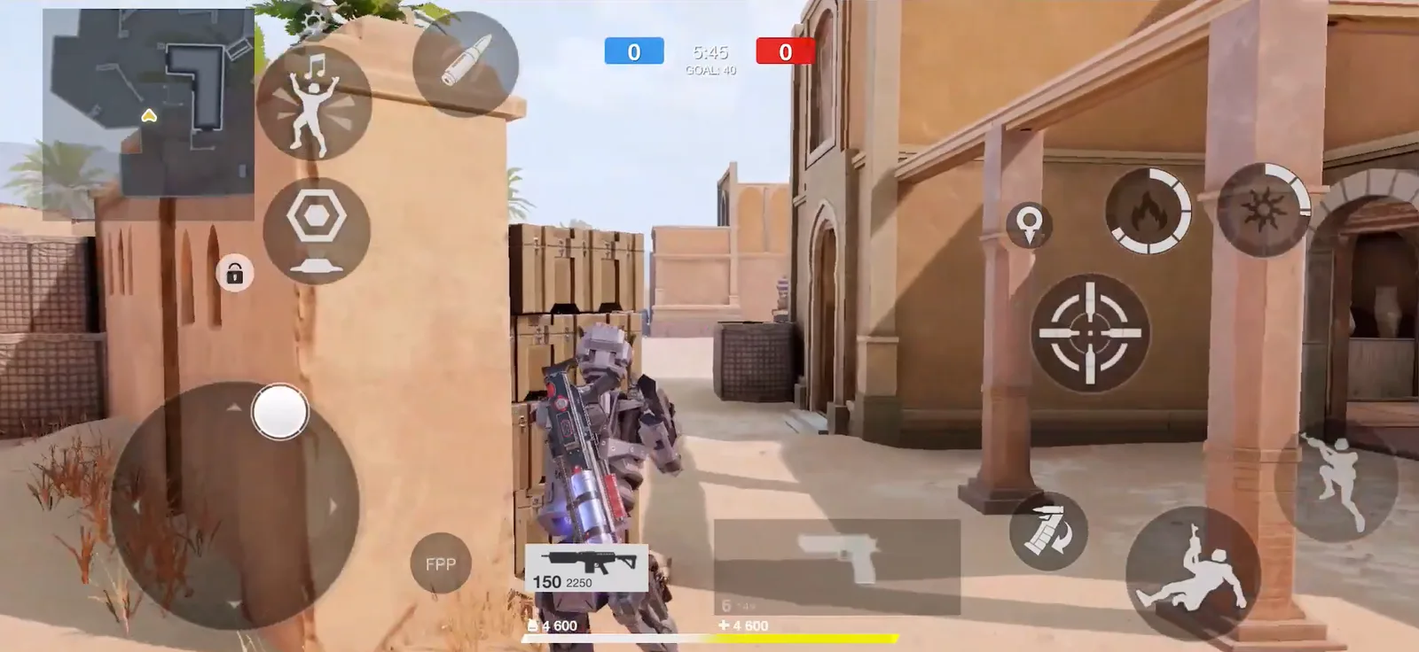 A Battle Prime round on a desert map, the player peeking round a wall in third person with the FPP toggle beside the joystick