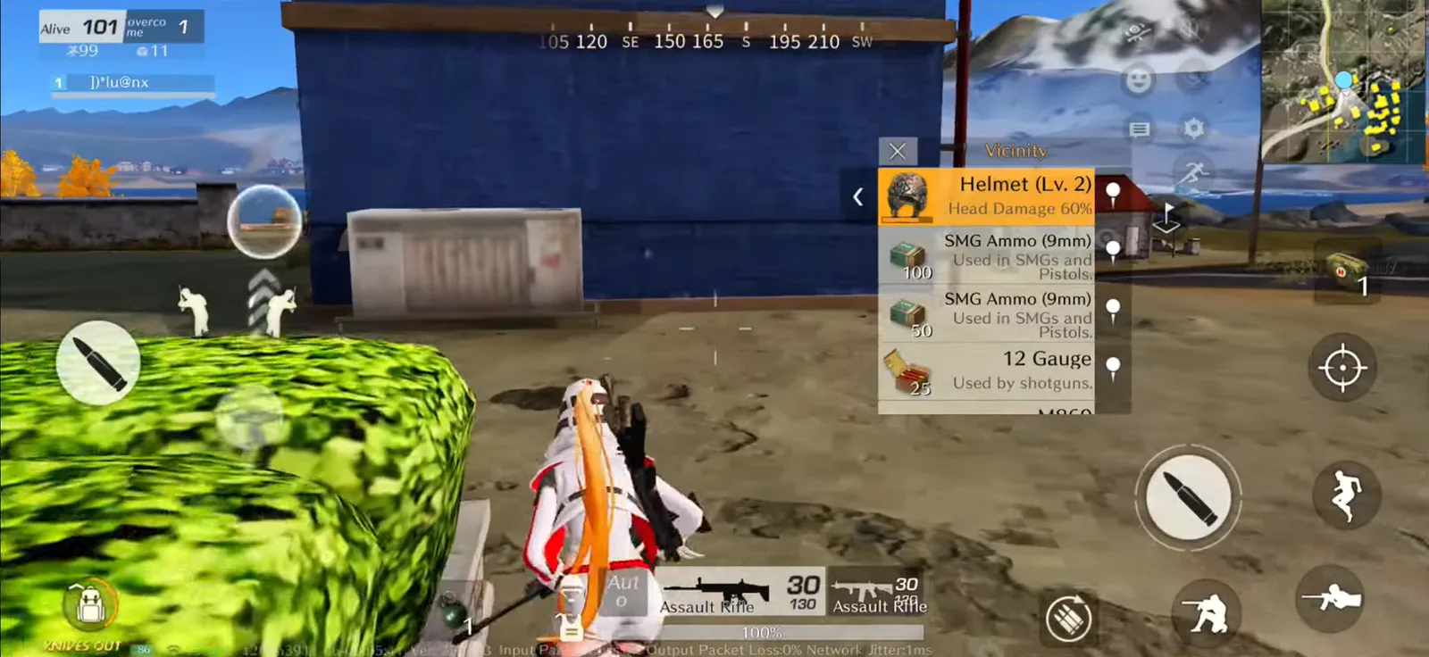 A Knives Out match with 101 players still alive, the loot panel open on a level 2 helmet and SMG ammo
