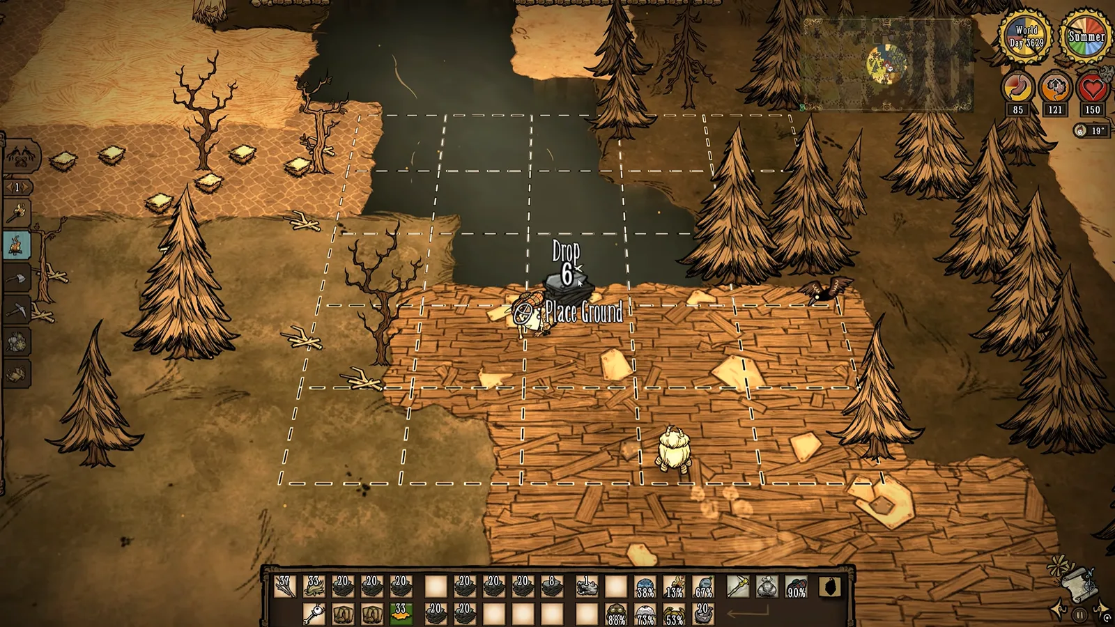 A Don't Starve Together base in its hand-drawn art style, the player laying wooden flooring beside a pond in summer
