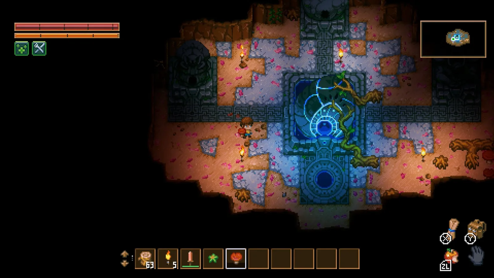 A Core Keeper underground chamber lit by torches, the player approaching a glowing boss shrine ringed with ancient stonework