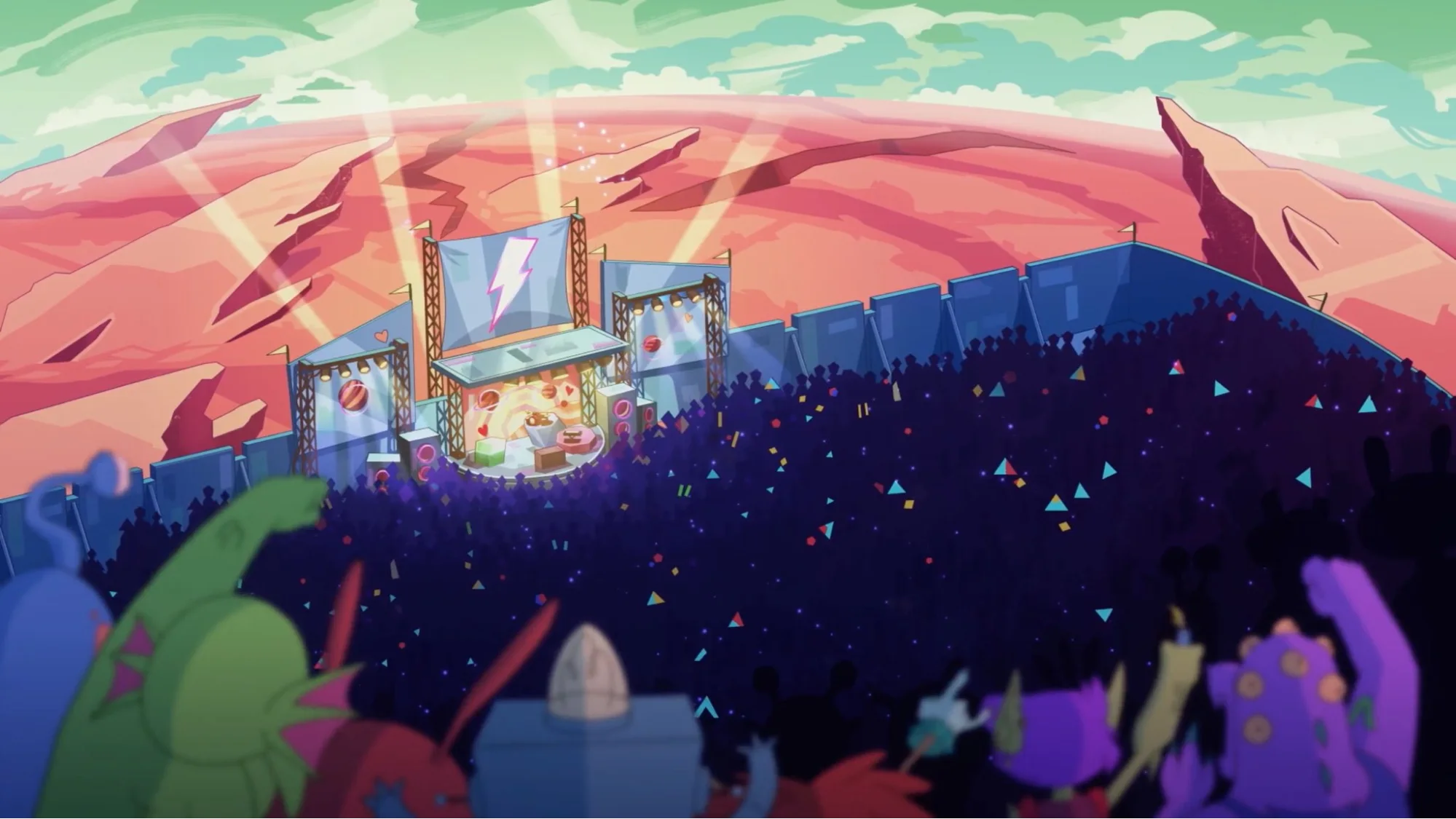 A concert stage on an alien planet, lit by spotlights, with a huge crowd of alien creatures watching from below