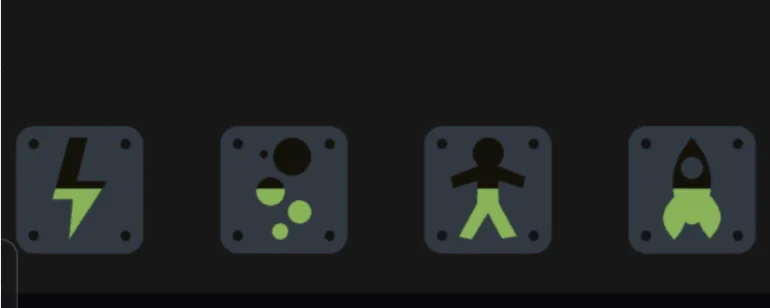 The four Reigns: Beyond resource icons in the top bar — a lightning bolt for power, bubbles for oxygen, a figure for the crew and a rocket for the ship