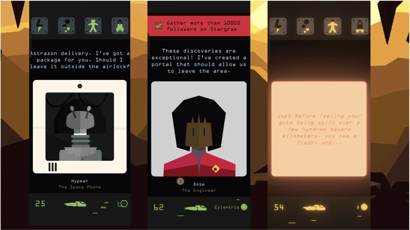 Three Reigns: Beyond card screens — an Astrazon delivery at the airlock, the engineer Dose announcing a portal, and the text shown after a failed run