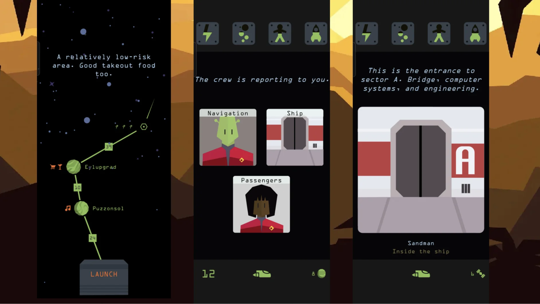 Reigns: Beyond's navigation map with routes to Eylupgrad and Puzzonsol, the crew report screen, and the door to sector A of the ship Sandman