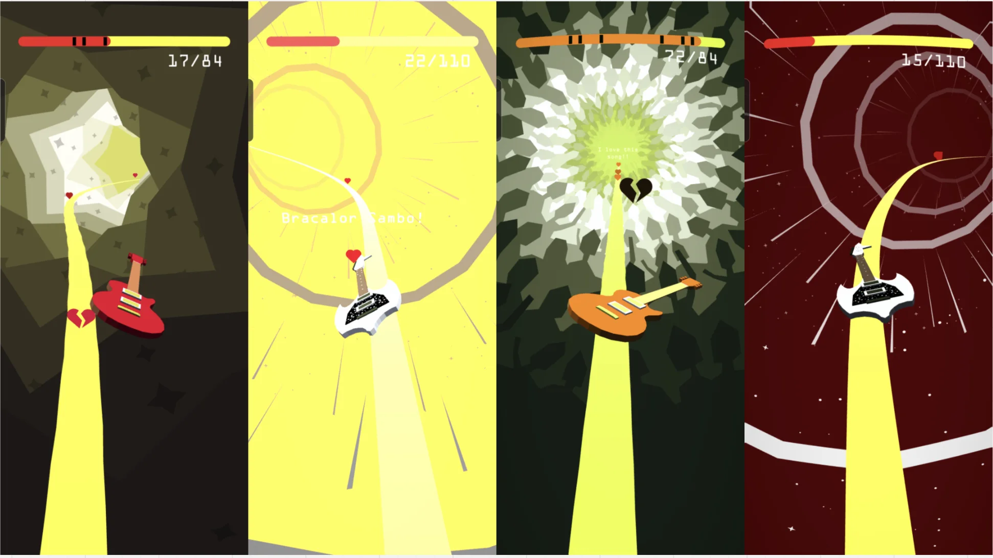 Four screens from the guitar minigame, each with a guitar riding a beam of light through a tunnel of shapes and a score counter at the top