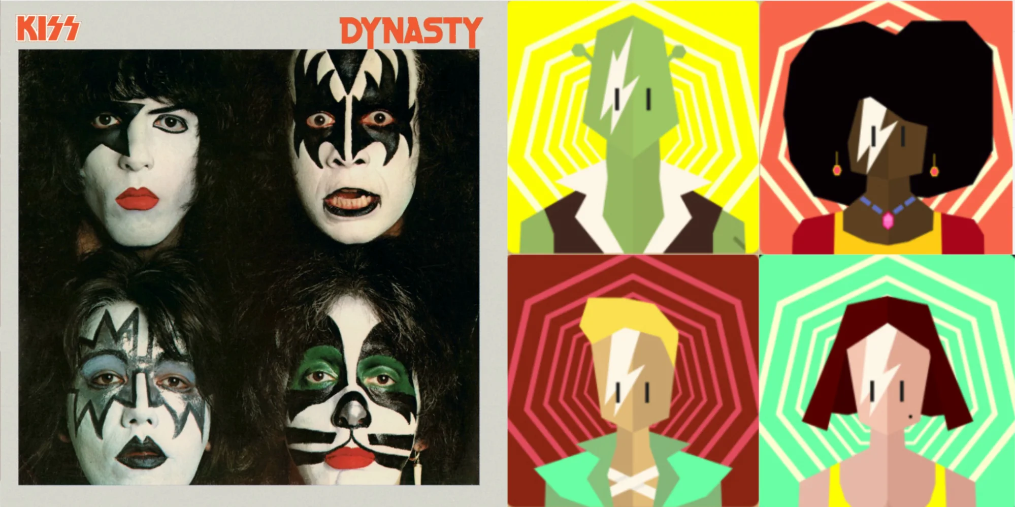 The KISS Dynasty album cover next to four Reigns: Beyond band members drawn in the same head-on portrait style