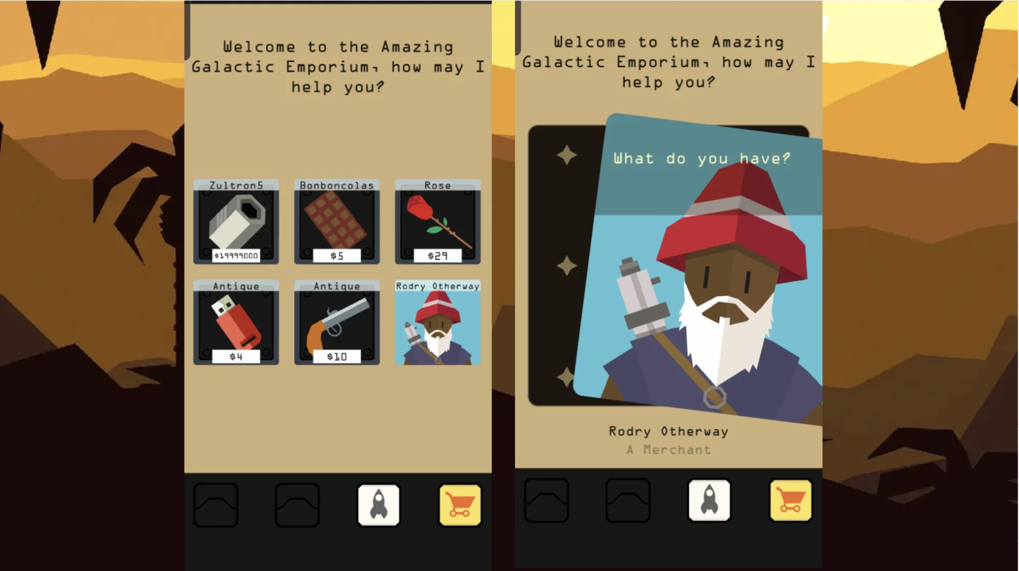 The Amazing Galactic Emporium shop screen with items and prices, and the merchant Rodry Otherway asking what you have
