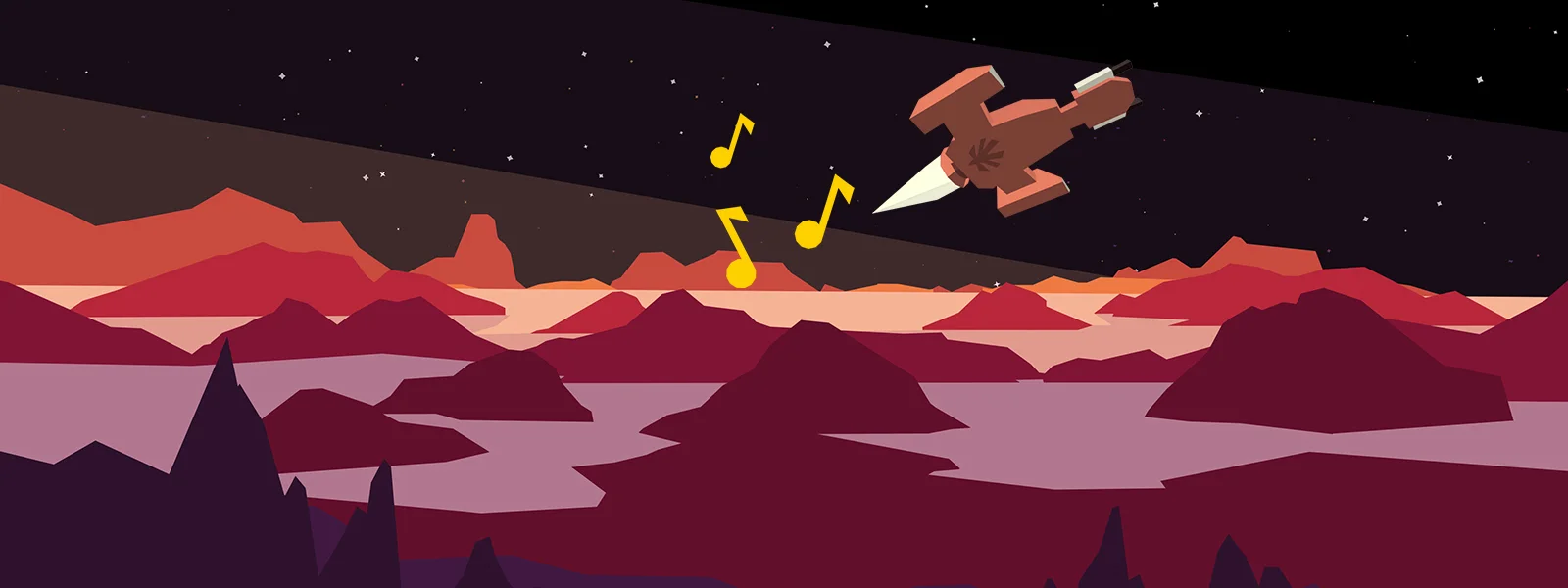 The band's ship flying over a red alien landscape, trailing musical notes across the sky