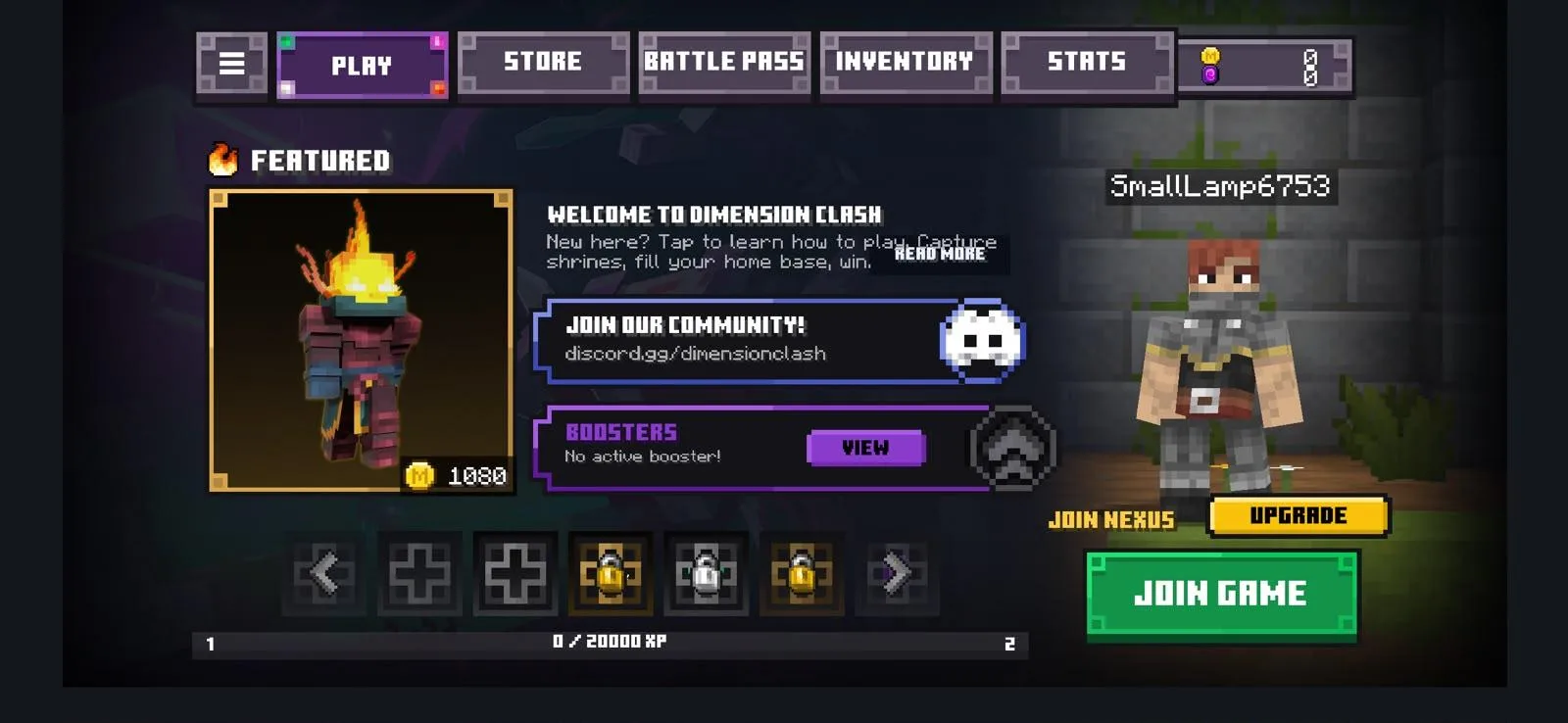 A Minecraft server menu with a featured game mode, a Discord community invite and a Join Game button