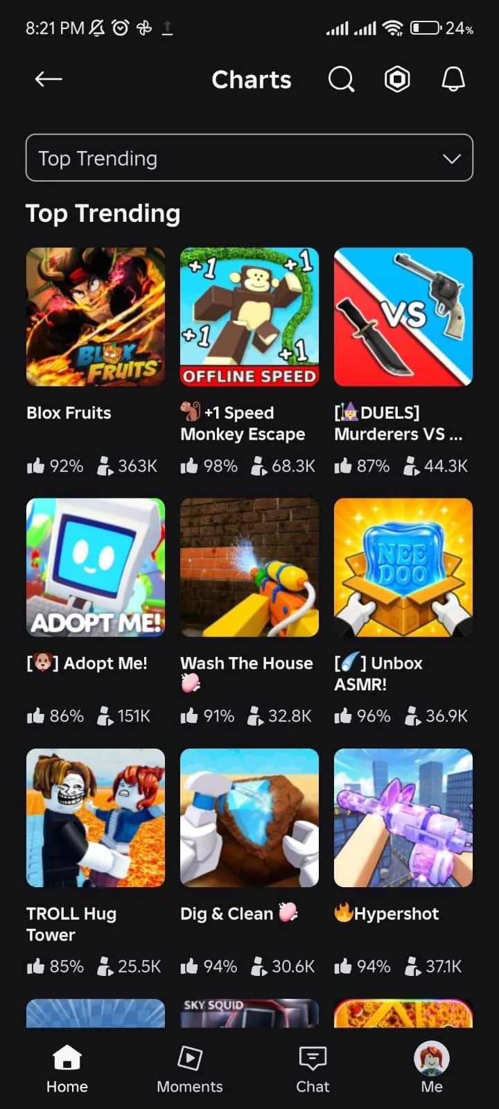 The Top Trending chart in the Roblox mobile app, led by Blox Fruits, Adopt Me and Dig & Clean with their player counts