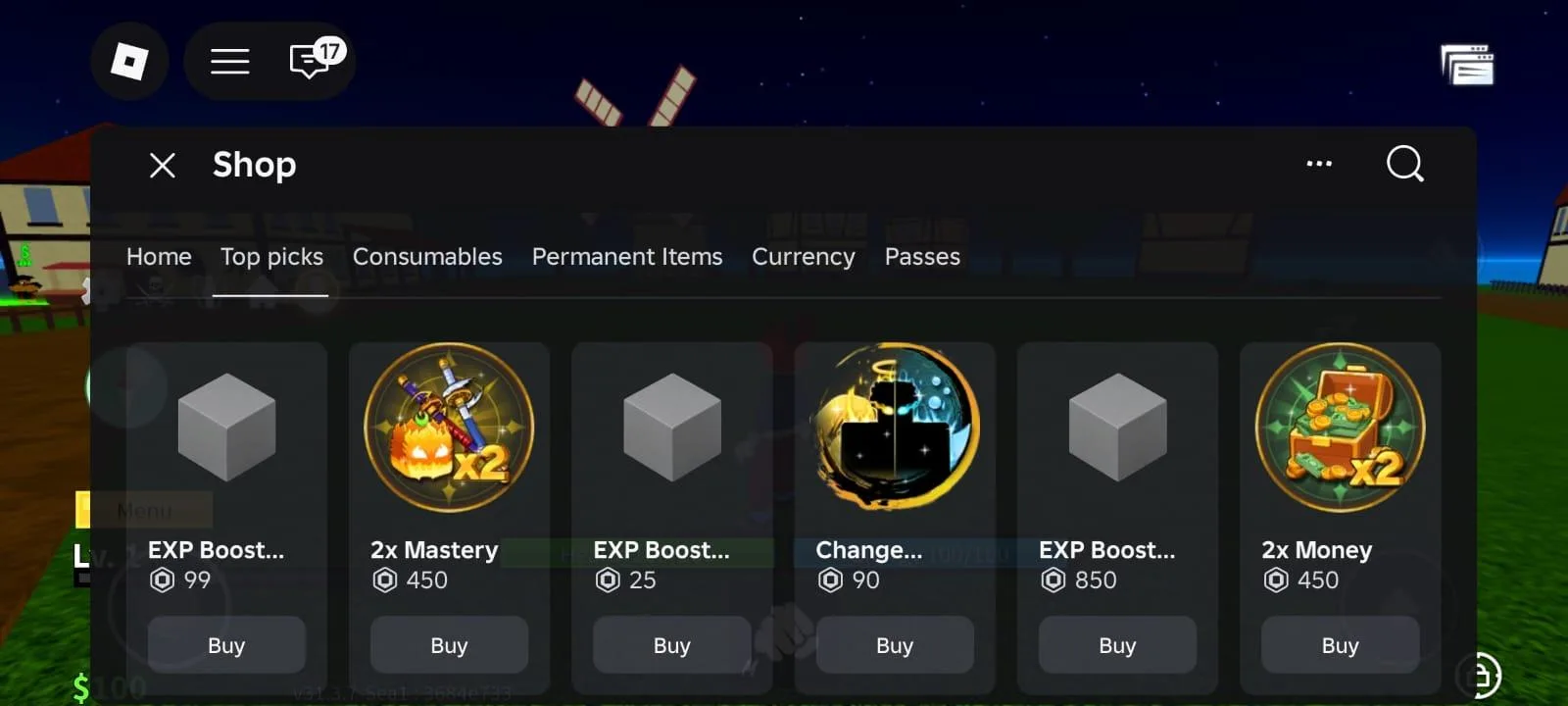 A Roblox experience shop selling EXP boosts, a 2x Mastery pass and a 2x Money pass, all priced in Robux