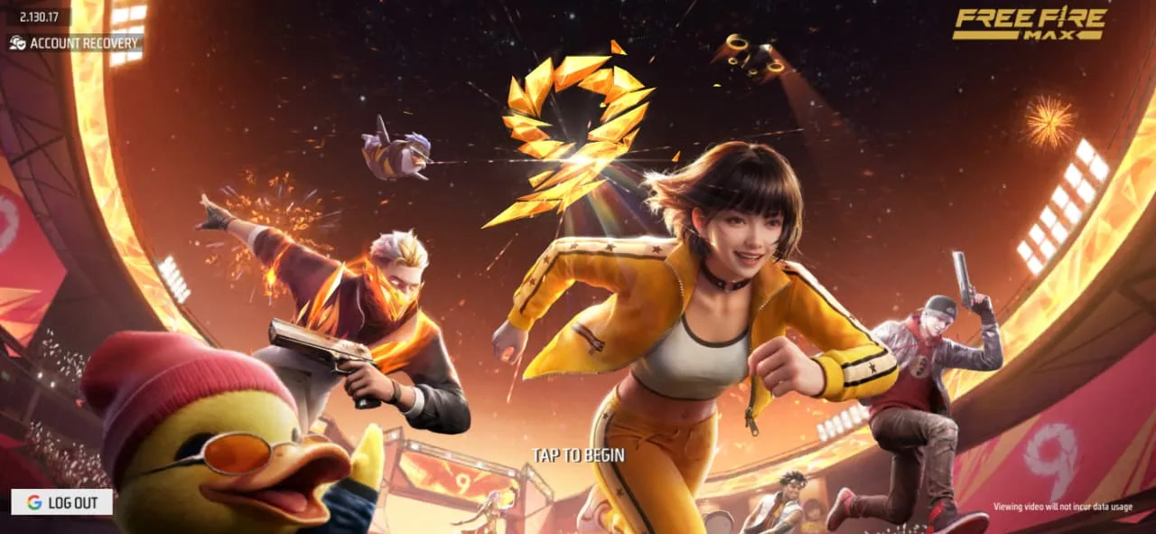 The Free Fire Max start screen with the Tap to Begin prompt over the season key art