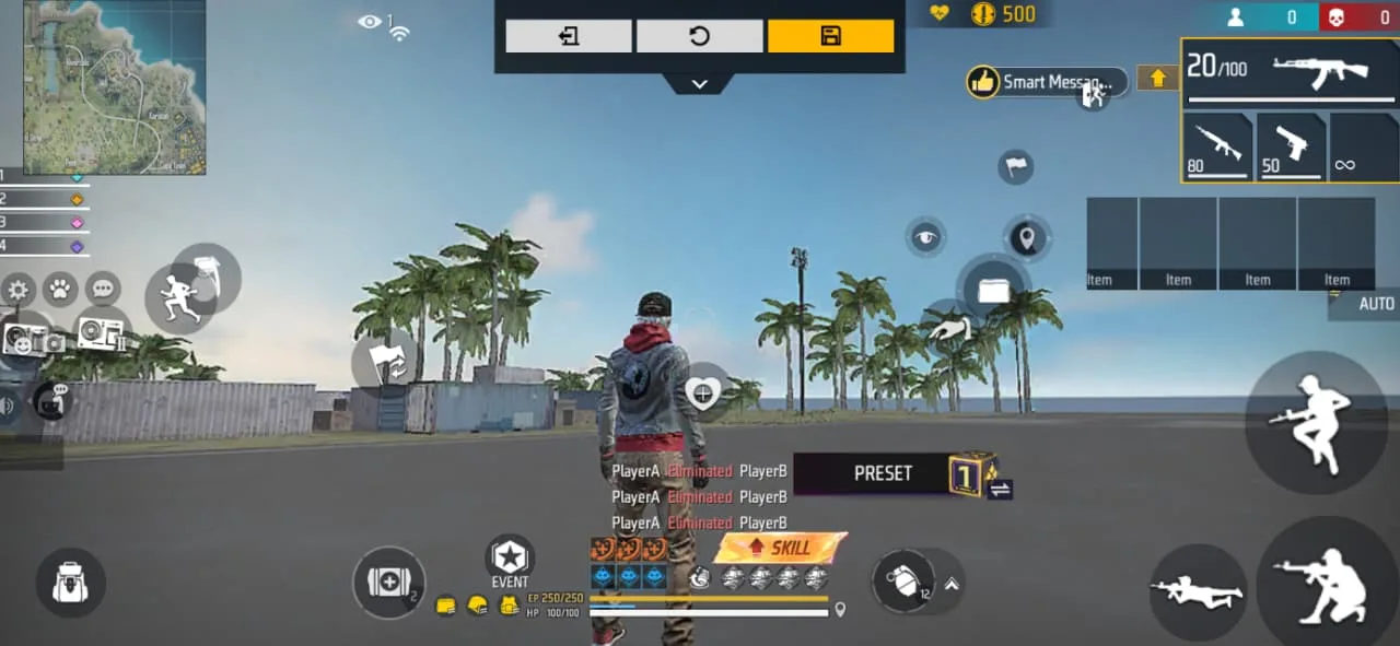 The Free Fire control layout editor, with every on-screen button free to be dragged and resized before saving