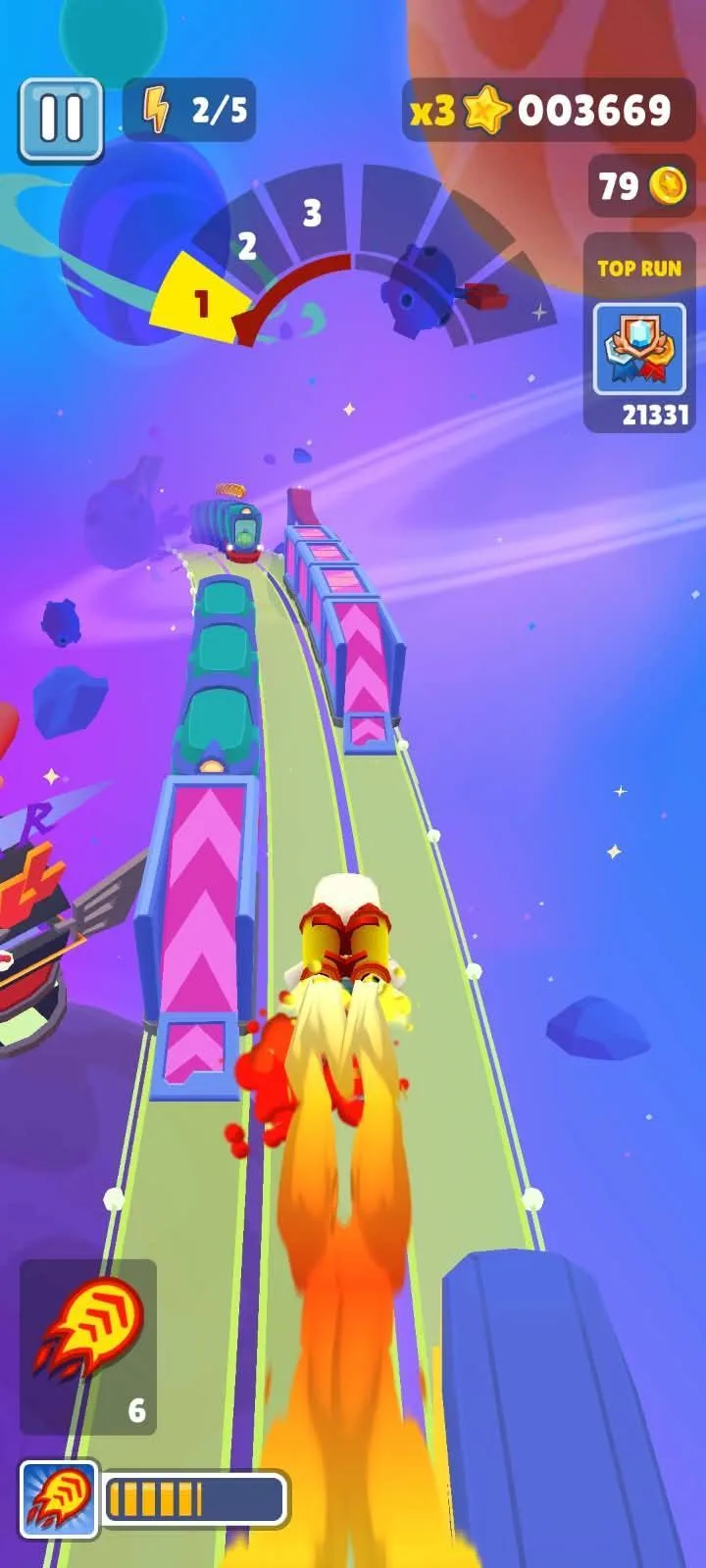 A Subway Surfers power-up in flight, the surfer trailing flame above the line with the multiplier dial in the top-left corner