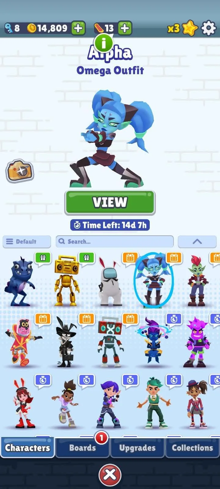 The Subway Surfers character grid, a limited-time surfer previewed above tabs for Characters, Boards, Upgrades and Collections