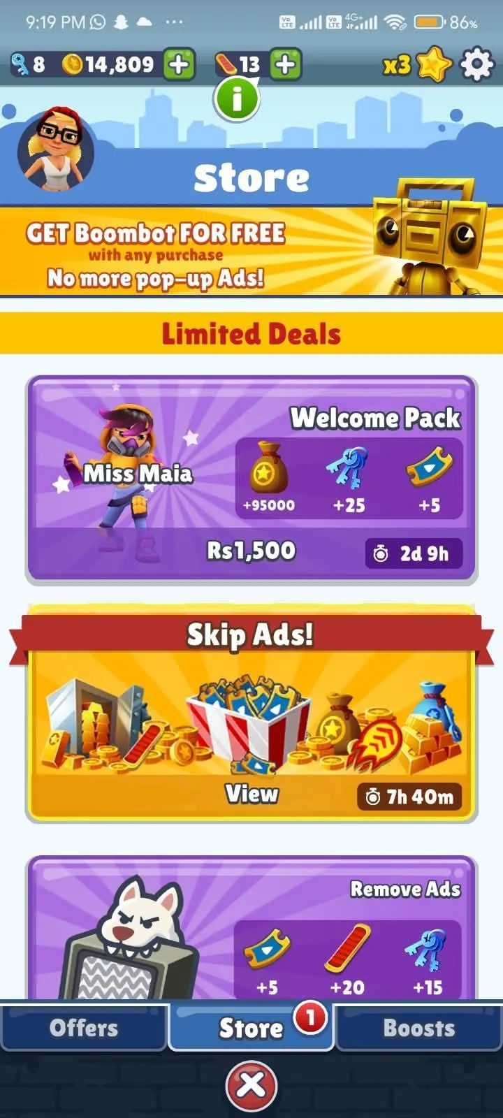 The Subway Surfers store, showing a Welcome Pack, a Skip Ads offer and a Remove Ads bundle under Limited Deals