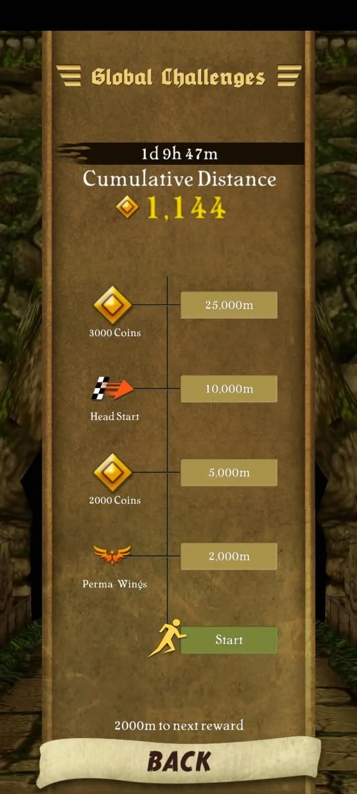Temple Run's Global Challenges screen, cumulative distance unlocking coin and Head Start rewards