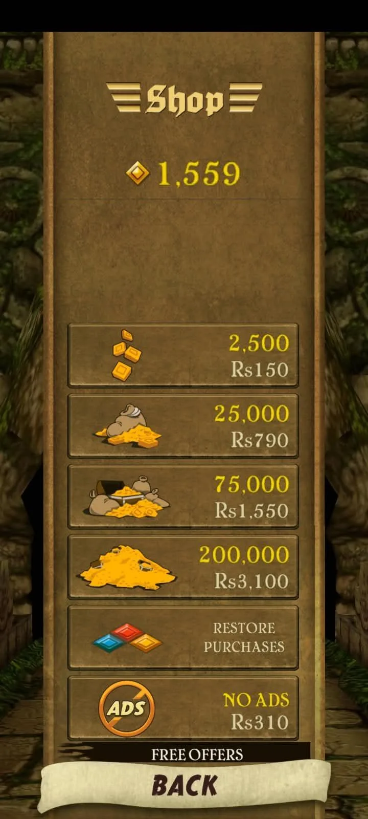 The Temple Run shop, four coin packs and a paid No Ads option as the only things real money buys