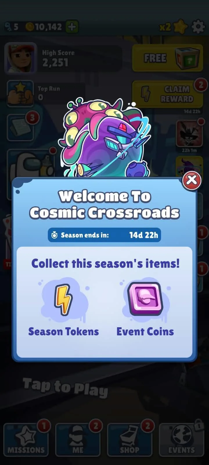 The Subway Surfers season pop-up for Cosmic Crossroads, listing Season Tokens and Event Coins with 14 days left