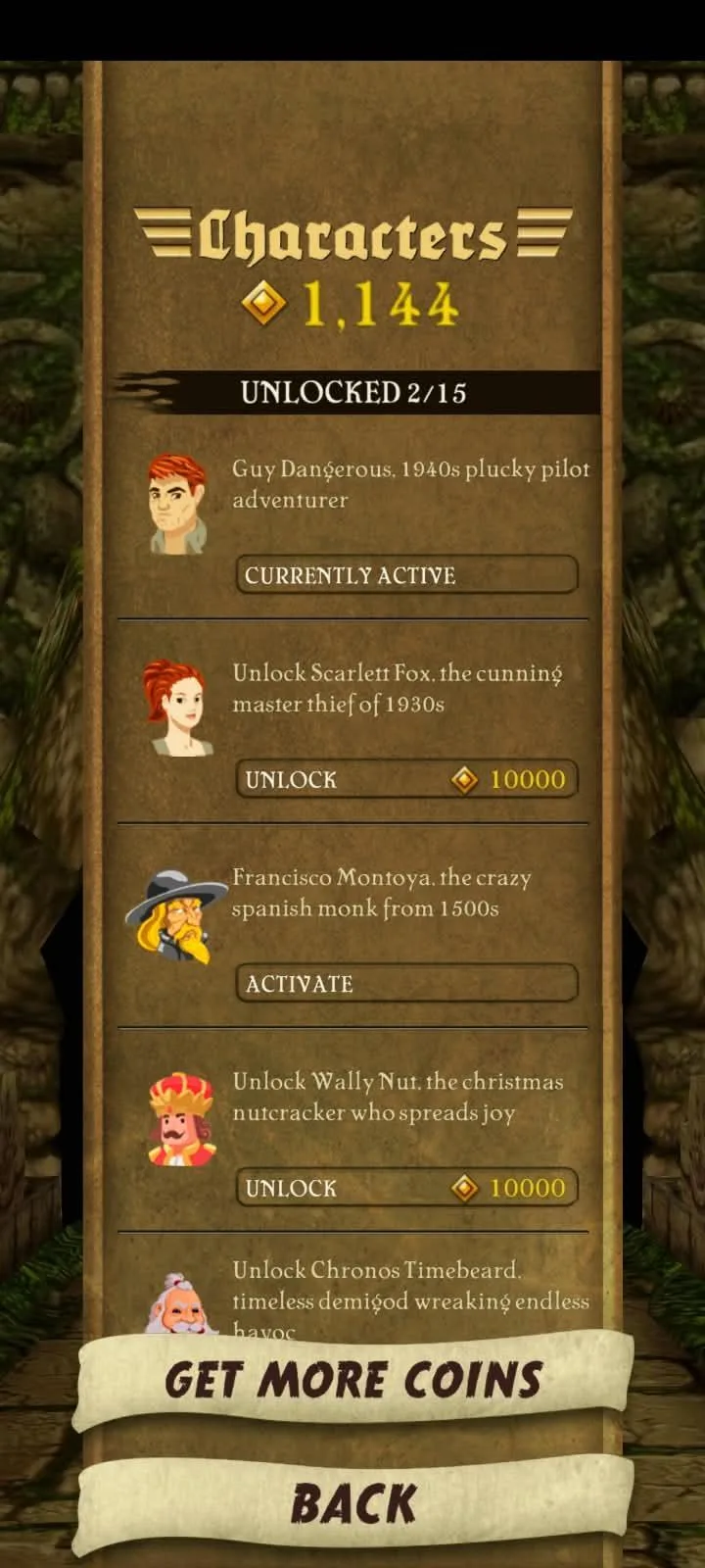 Temple Run's character list, with Francisco Montoya unlocked and ready to activate beside the paid 10,000-coin unlocks