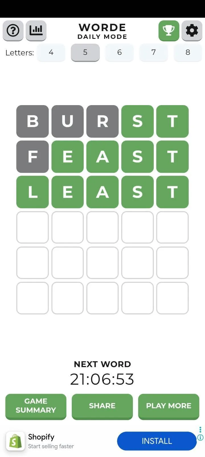Worde in daily mode with the letter count set to 5, three guesses in — BURST, FEAST and LEAST — with the next-word countdown underneath