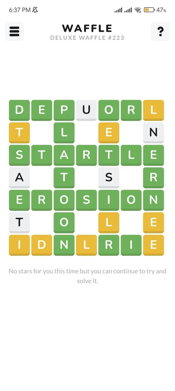 A Deluxe Waffle grid mid-solve, green and yellow tiles spelling out words like STARTLE and EROSION with a few letters still out of place