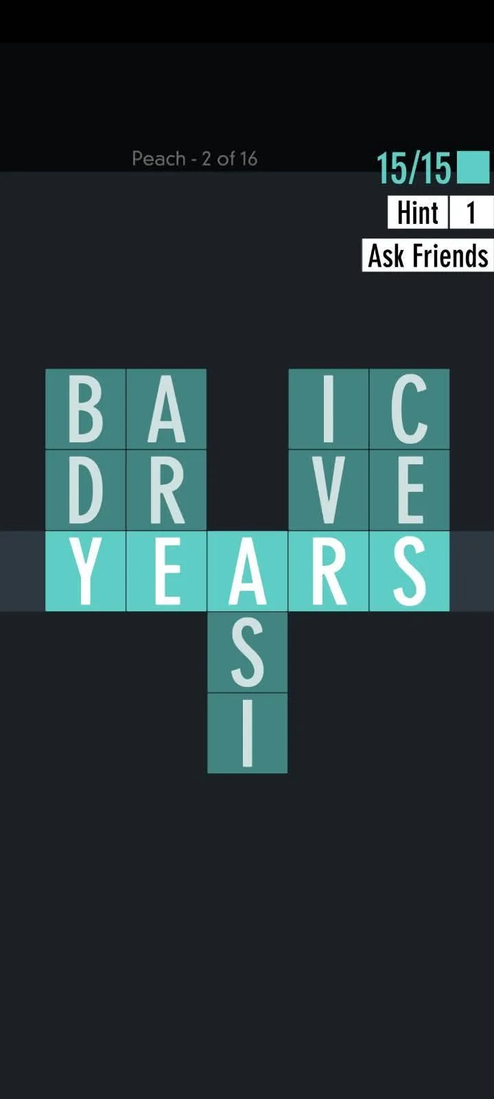 A Typeshift puzzle from the Peach pack with the letter columns lined up to spell YEARS across the centre row and 15 of 15 words found