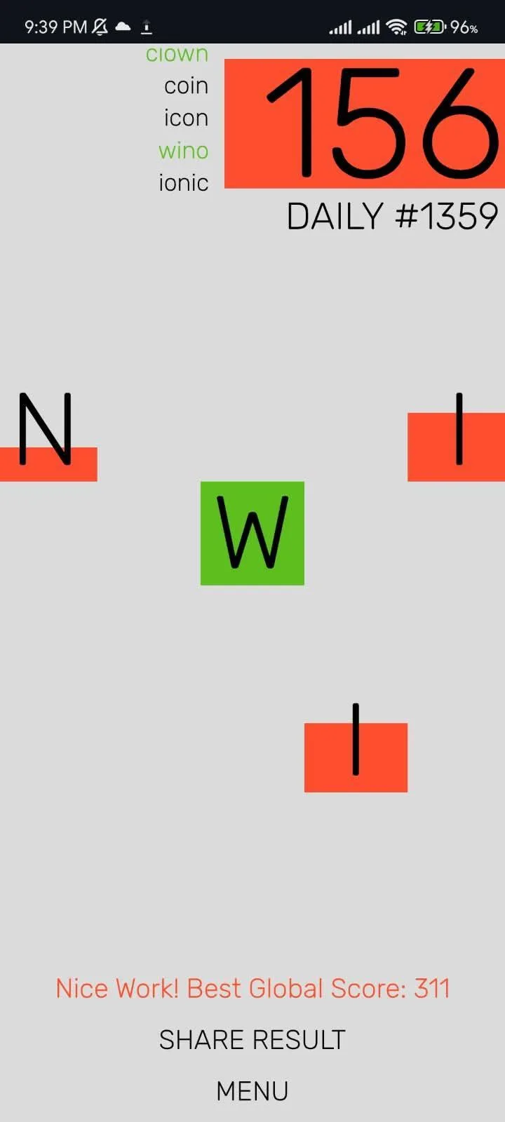 The end of a Well Word daily, a score of 156 in the corner, the green centre W still on the board and the best global score of 311 shown below