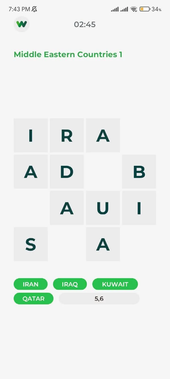 A Word Salad grid themed "Middle Eastern Countries", with Iran, Iraq, Kuwait and Qatar already found and a few letters left