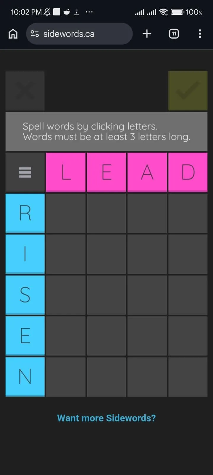 A Sidewords board with LEAD across the top and RISEN down the side, the grid between them still empty