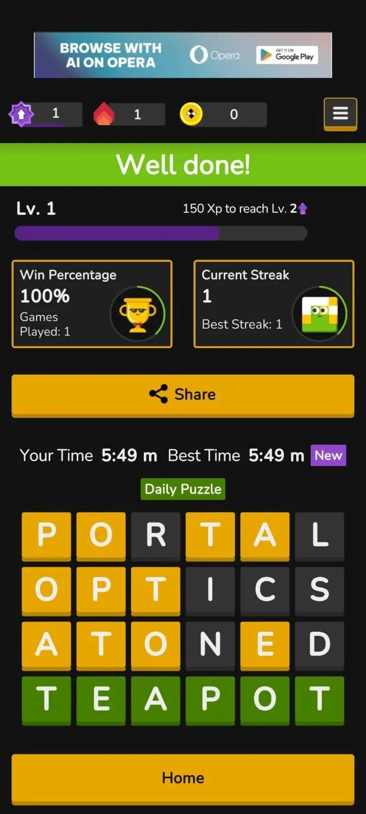 The "Well done!" screen after an Everyday Puzzles daily, showing a 100% win rate, a 5:49 time and the finished word grid